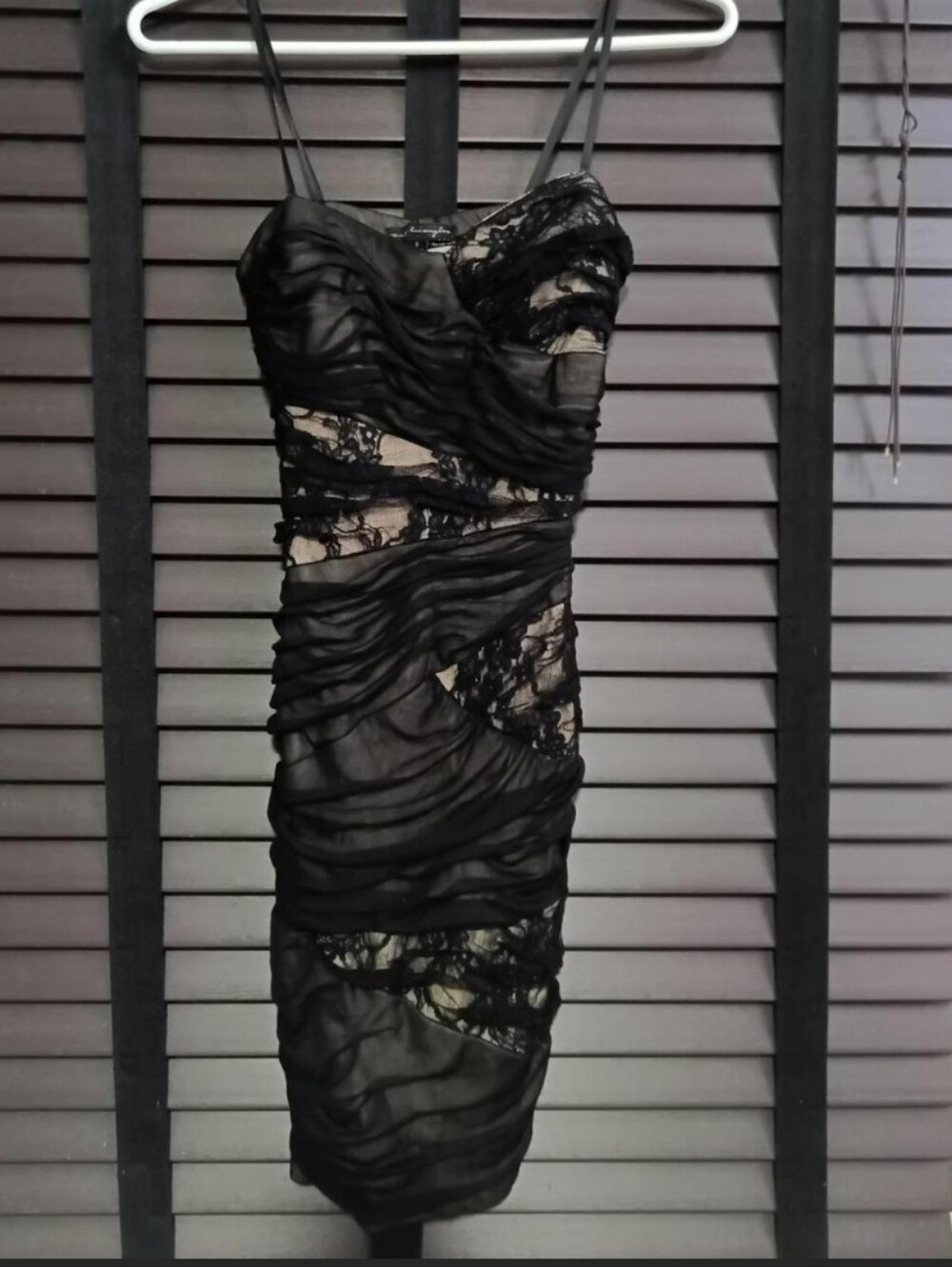 City Triangles Black Lace Ruched Mini Dress